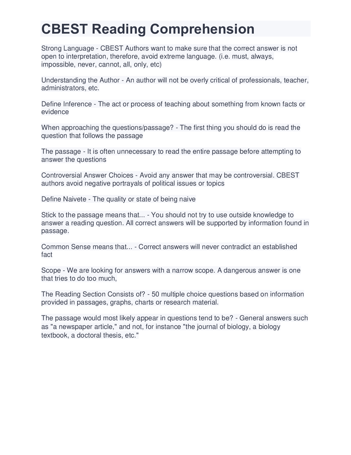 Preview image of CBEST Reading Comprehension document